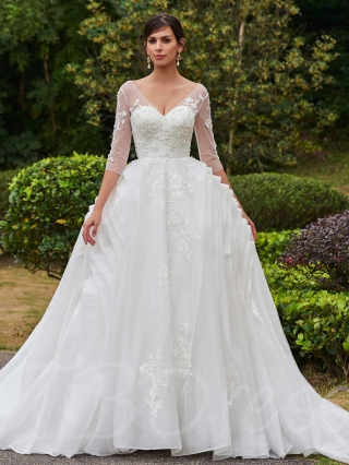 V-Neck 3:4 Length Sleeves Appliques Ruched Wedding Dress