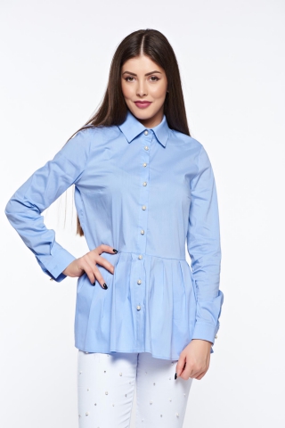 Camasa dama PrettyGirl albastra-deschis casual cu croi larg din bumbac cu peplum