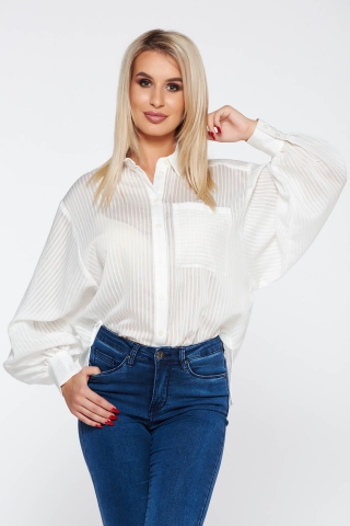 Camasa dama StarShinerS alba casual cu croi larg cu maneci bufante din material vaporos si transparent