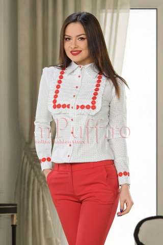 Camasa eleganta alba cu buline negre si flori brodate
