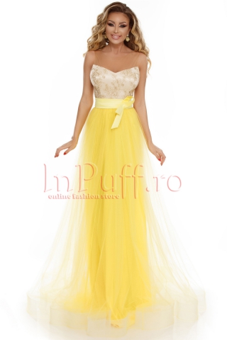 Rochie Atmosphere din tul galben si dantela aurie la bust