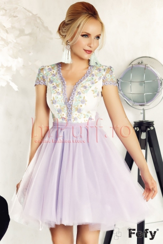 Rochie Fofy baby-doll mov cu tul si flori brodate