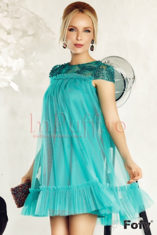 Rochie Fofy baby-doll verde-turquoise din tull cu maneca scurta