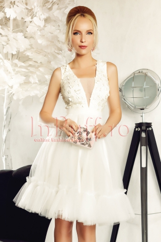 Rochie Fofy de ocazie baby-doll din tul ivoire si flori 3D