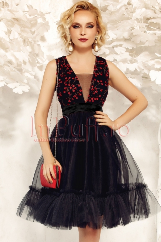 Rochie Fofy de ocazie baby-doll din tul negru si flori rosii 3D