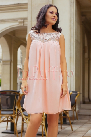 Rochie MBG roz lejera cu broderie si flori 3D