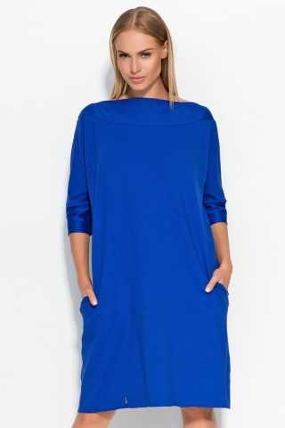 Rochie Makadamia albastra casual cu maneca 3:4 cu croi larg midi din bumbac cu buzunare