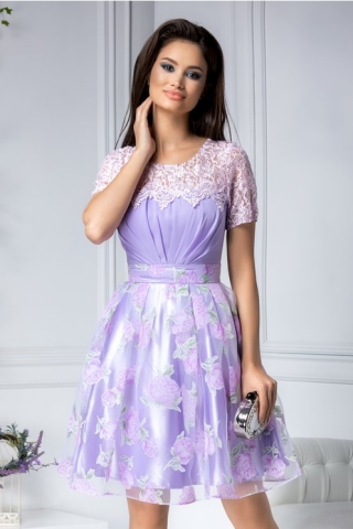 Rochie Mikaela lila cu dantela si flori 3D