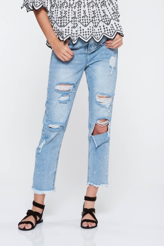Blugi SunShine albastri deschis casual boyfriend cu rupturi din bumbac neelastic cu buzunare