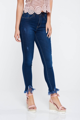 Blugi albastri-inchis skinny cu talie medie din bumbac elastic cu rupturi