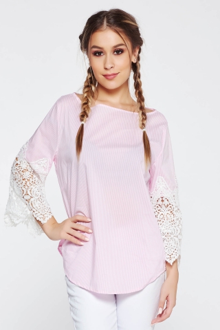 Bluza dama SunShine rosa casual cu croi larg din bumbac cu maneci din dantela