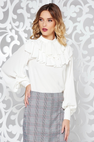 Camasa dama alba eleganta cu croi larg din material subtire cu maneci bufante si volanase