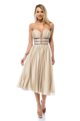 Rochie BBY midi din voal bej cu strasuri in talie