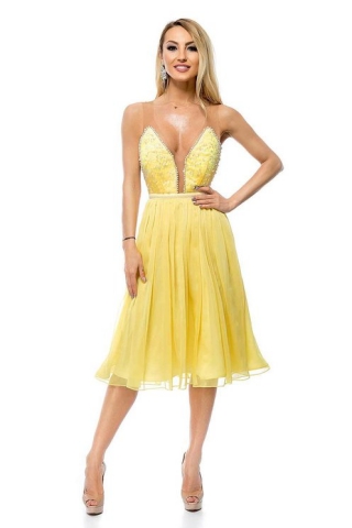 Rochie BBY midi din voal galben cu perlute la bust