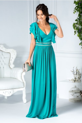 Rochie Dida verde lunga de seara cu aplicatii pe talie si volanase