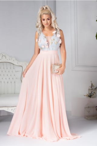 Rochie Fofy Corra lunga gri si roz cu aplicatii 3D la bust