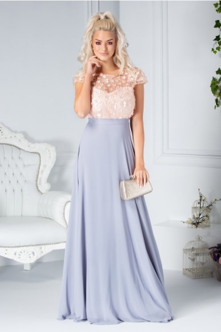 Rochie Fofy Dorys somon si gri lunga cu flori 3D si sclipici la bust