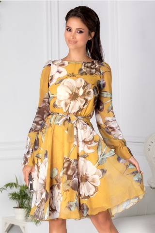 Rochie Fofy galben mustar vaporoasa din voal cu flori mari