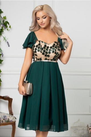 Rochie Leticia de ocazie verde cu flori din paiete la bust