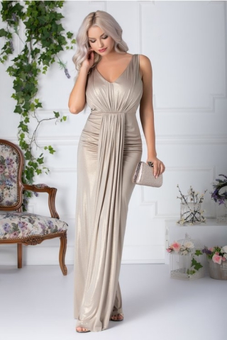 Rochie Lorys lunga bej metalizat cu pliuri la bust