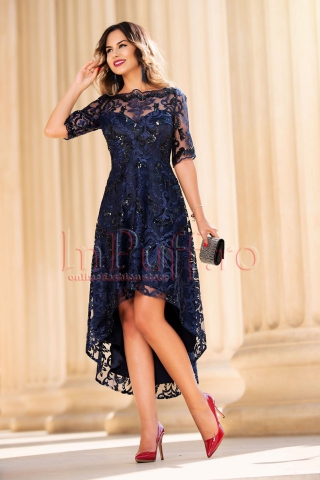 Rochie MBG de ocazie din broderie bleumarin accesorizata cu paiete