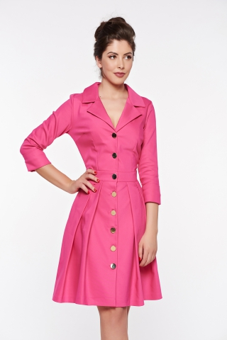 Rochie PrettyGirl fuchsia office din material usor elastic cu decolteu in v cu buzunare