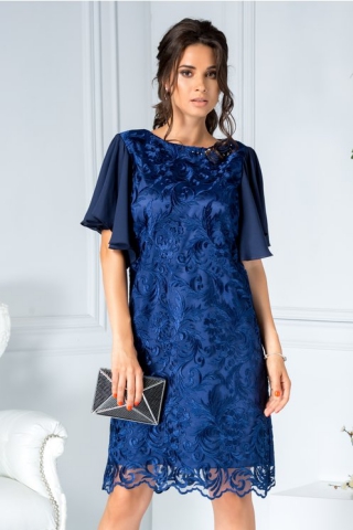 Rochie Sonia bleumarin din dantela croi drept si aplicatii