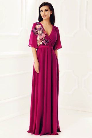 Rochie StarShinerS fuchsia de ocazie din voal captusita pe interior cu elastic in talie si maneci largi
