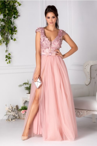 Rochie Thymea lunga de seara lila din tull cu broderie 3D