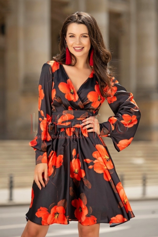 Rochie eleganta cu funda in talie si imprimeu floral