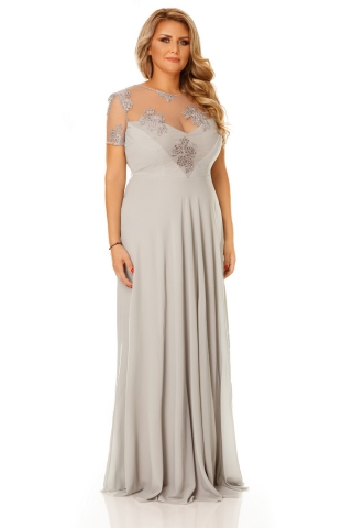 Rochie gri de ocazie din voal cu insertii de broderie