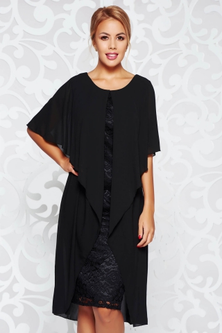 Rochie neagra de ocazie midi din dantela si voal captusita pe interior