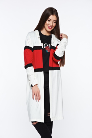 Cardigan MissQ alb casual cu croi larg din material subtire cu gluga nedetasabila
