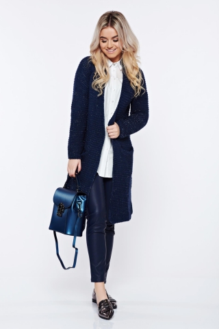 Cardigan Top Secret albastru-inchis basic din material tricotat