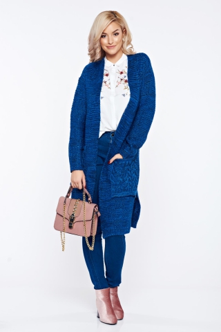 Cardigan Top Secret albastru-inchis casual cu buzunare