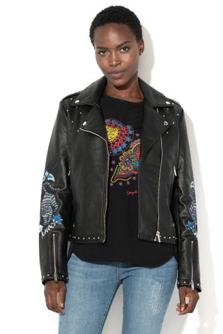 DESIGUAL Jacheta biker de piele sintetica cu broderie pe maneca Naomie
