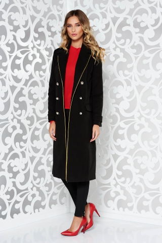 Palton Military LaDonna negru casual din lana drept cu rand dublu de nasturi
