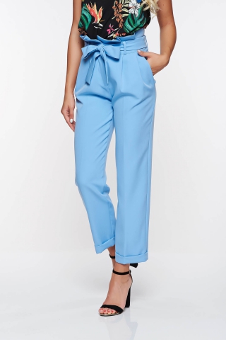 Pantaloni PrettyGirl albastri deschis office cu talie inalta din stofa usor elastica cu buzunare
