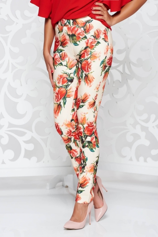 Pantaloni PrettyGirl crem office conici din material usor elastic cu talie medie