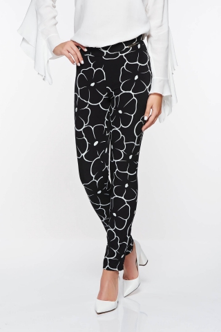 Pantaloni PrettyGirl negri office conici cu talie medie cu imprimeu geometric