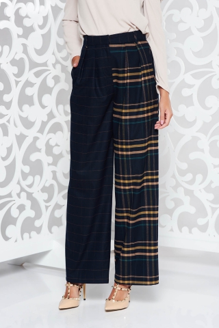 Pantaloni StarShinerS negri office cu talie inalta evazati din stofa neelastica in carouri