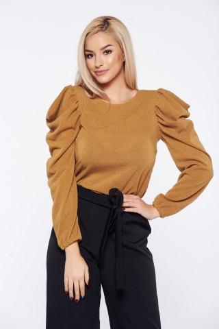 Pulover StarShinerS Fall in Love mustariu tricotat cu maneci incretite