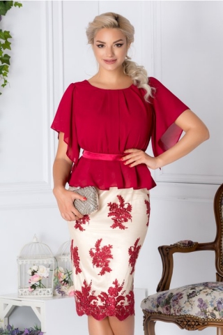 Rochie Adeline bordo si bej cu broderie de ocazie