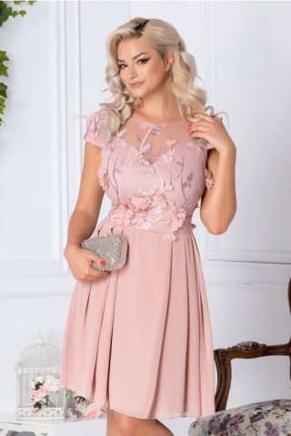 Rochie Alina roz pudra cu broderie 3D