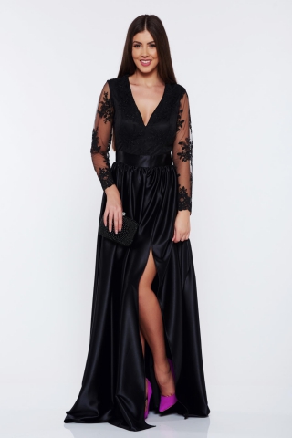 Rochie Artista neagra de ocazie cu maneci din dantela din material satinat