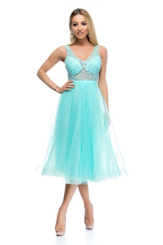 Rochie BBY midi turcoaz cu broderie la bust