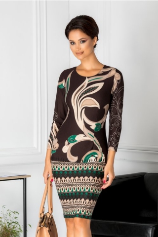 Rochie Cassie conica maro cu imprimeu crem cu verde