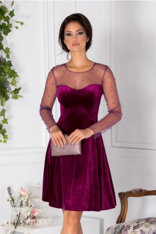 Rochie Doris mov din catifea cu perle