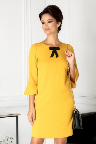 Rochie Moze office galbena cu fundita la guler si maneci evazate