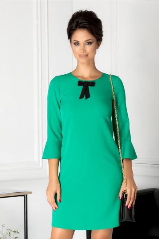 Rochie Moze office verde cu fundita la guler si maneci evazate